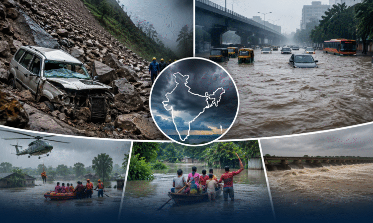 देशभर में भारी मानसून के दौरान हिमाचल प्रदेश में लैंडस्लाइड से क्षतिग्रस्त वाहन, गुजरात में बाढ़ से जलमग्न सड़कें और घर, राहत एवं बचाव अभियान चलाते NDRF