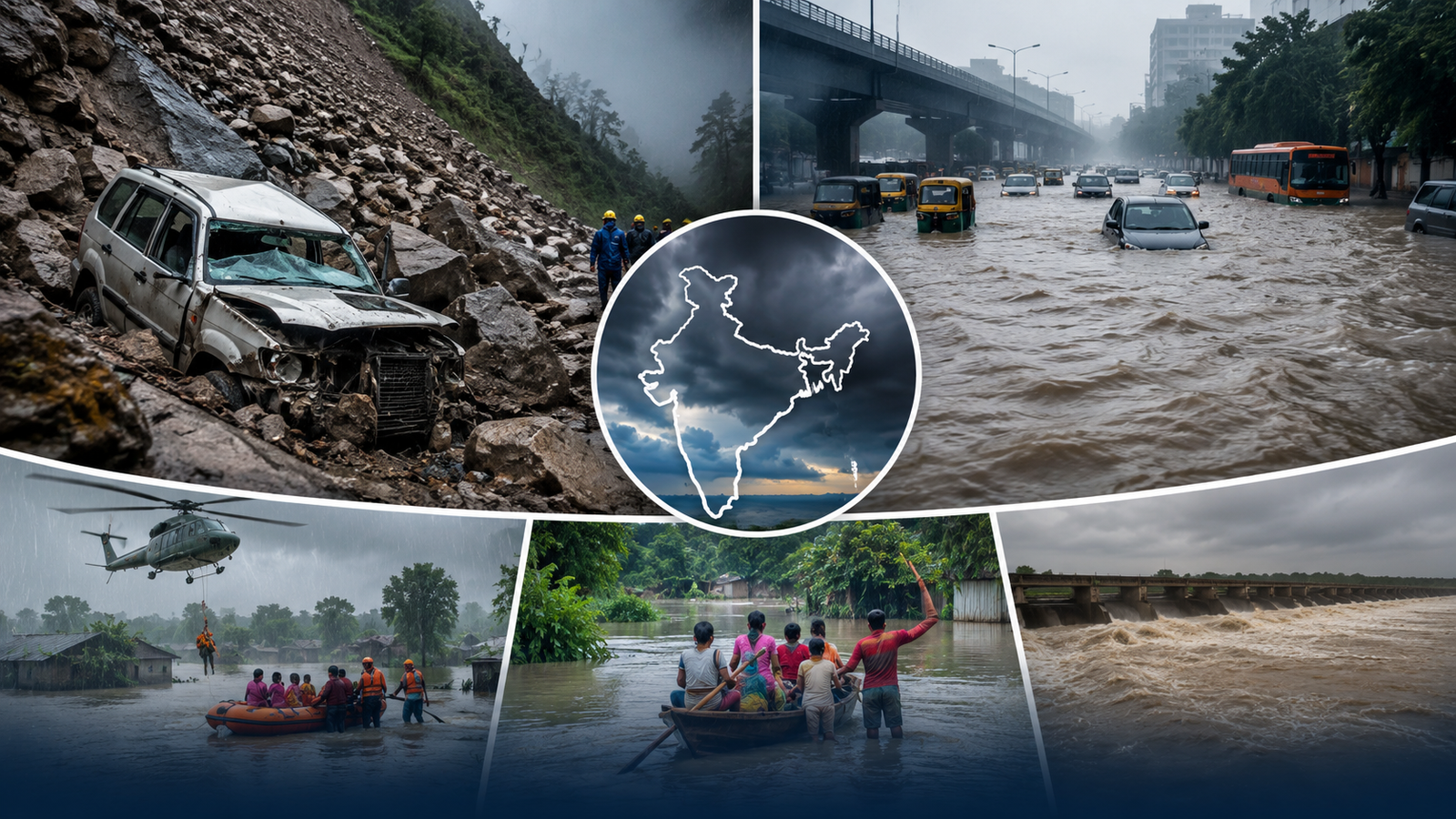 देशभर में भारी मानसून के दौरान हिमाचल प्रदेश में लैंडस्लाइड से क्षतिग्रस्त वाहन, गुजरात में बाढ़ से जलमग्न सड़कें और घर, राहत एवं बचाव अभियान चलाते NDRF