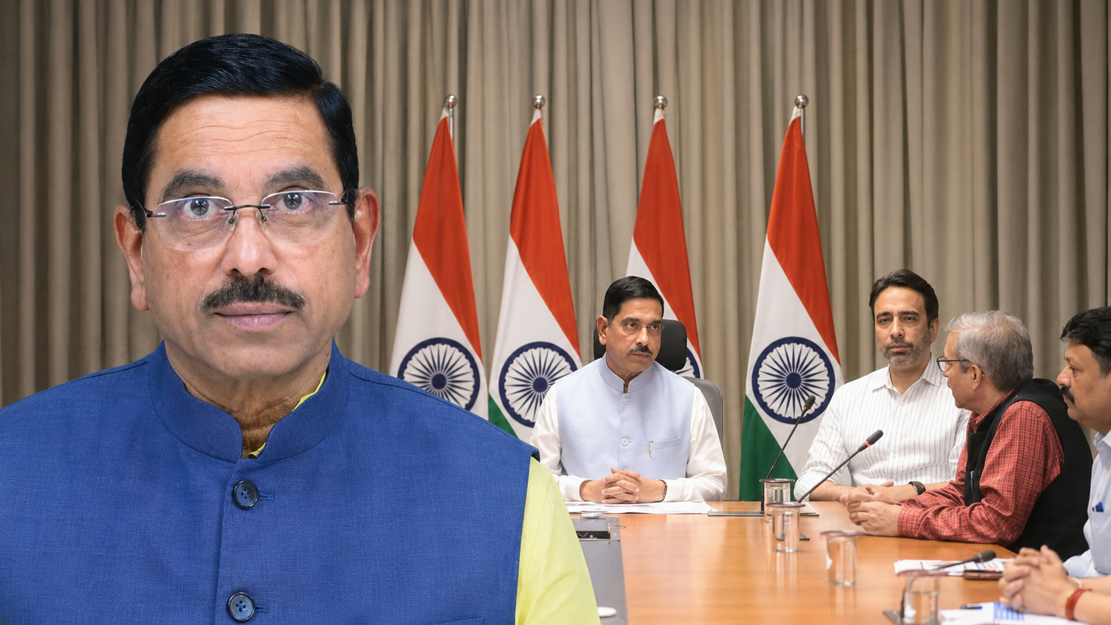 प्रह्लाद जोशी शिक्षा मंत्रालय की बैठक के दौरान अधिकारियों के साथ चर्चा करते हुए।
