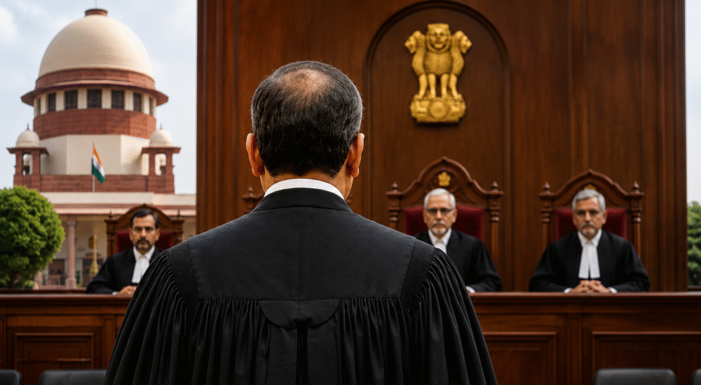 सुप्रीम कोर्ट के जज न्यायिक पोशाक में काला गाउन पहने हुए।