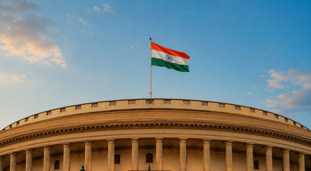 संसद भवन के ऊपर फहराता भारत का राष्ट्रीय ध्वज तिरंगा।