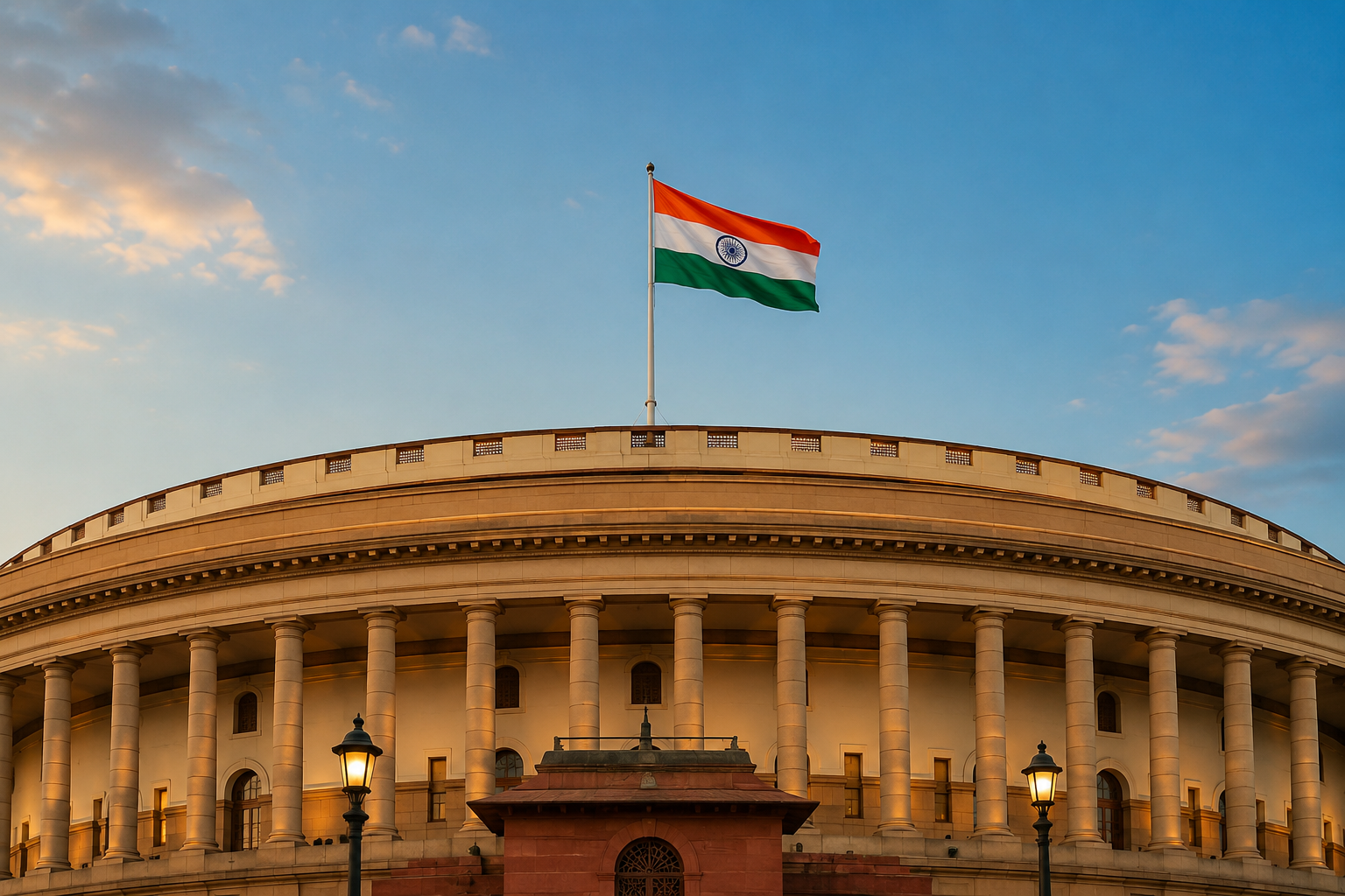 संसद भवन के ऊपर फहराता भारत का राष्ट्रीय ध्वज तिरंगा।