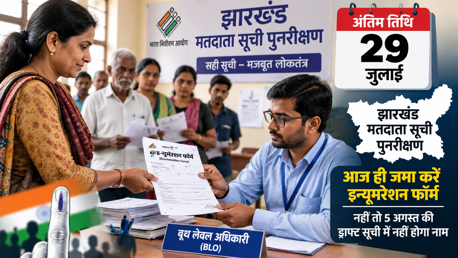 झारखंड में मतदाता सूची पुनरीक्षण अभियान के तहत बूथ लेवल अधिकारी मतदाताओं से इन्यूमरेशन फॉर्म प्राप्त करते हुए।