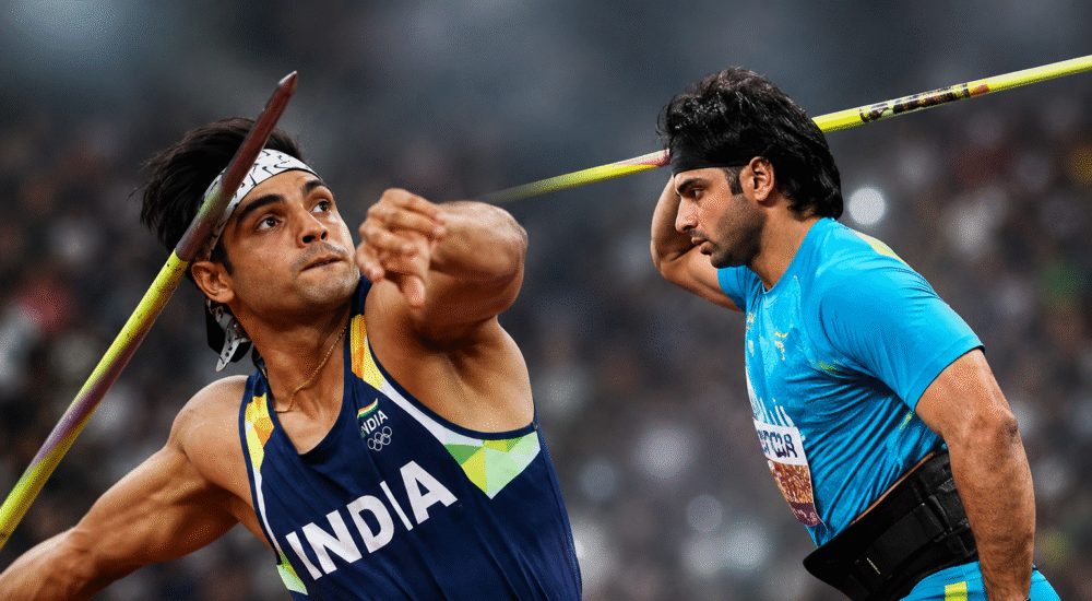कॉमनवेल्थ गेम्स 2026 जेवलिन क्वालिफिकेशन के दौरान नीरज चोपड़ा और अरशद नदीम।