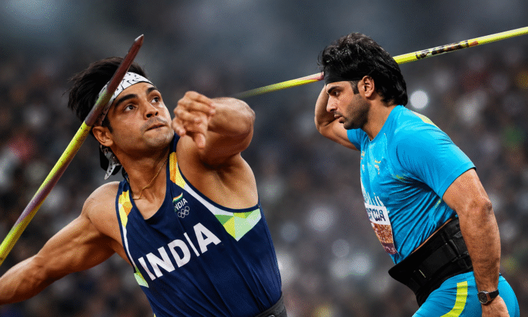कॉमनवेल्थ गेम्स 2026 जेवलिन क्वालिफिकेशन के दौरान नीरज चोपड़ा और अरशद नदीम।