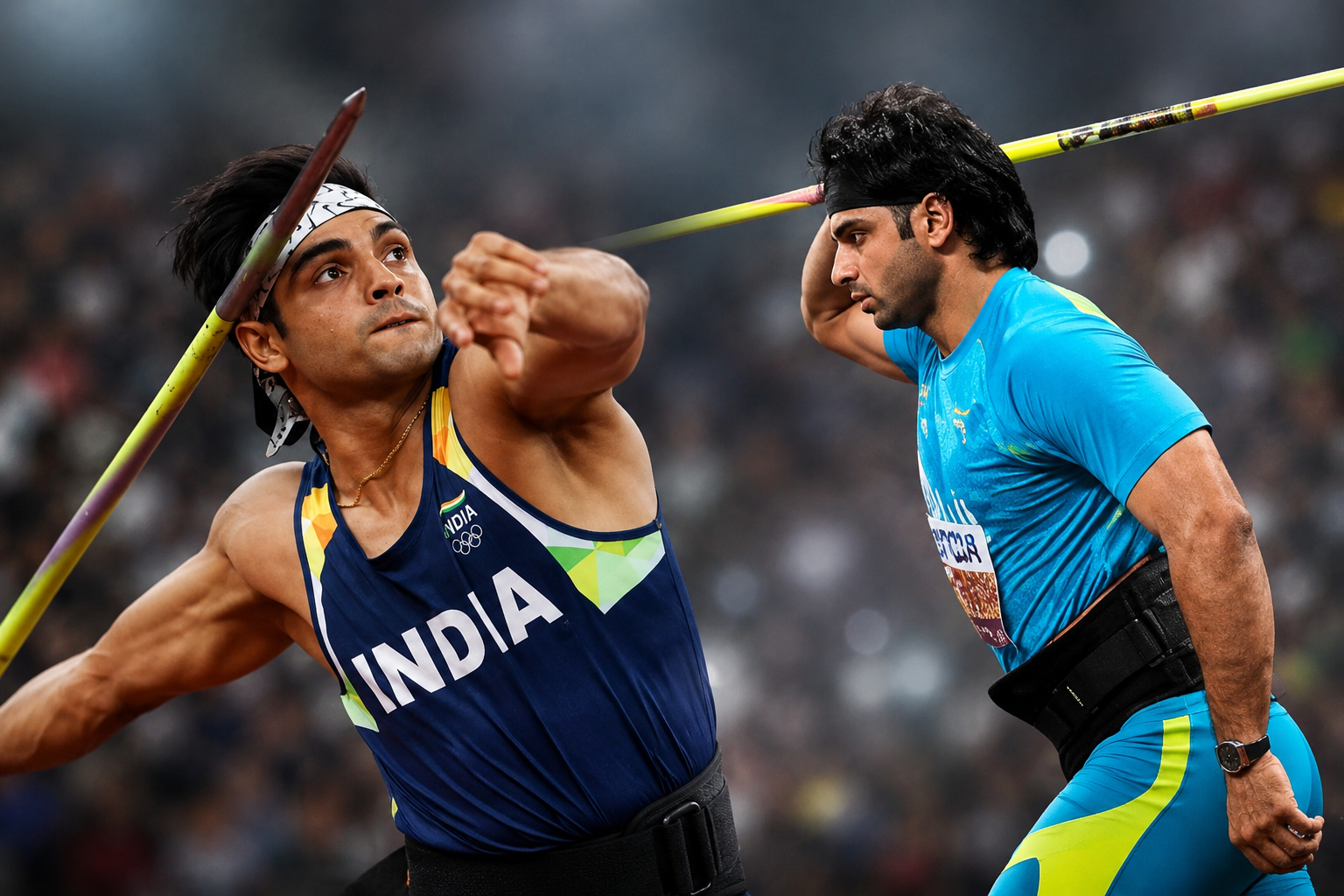 कॉमनवेल्थ गेम्स 2026 जेवलिन क्वालिफिकेशन के दौरान नीरज चोपड़ा और अरशद नदीम।