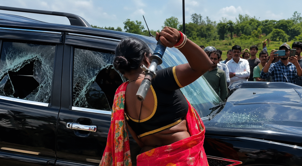 Godda NH-133 road accident protest where an angry woman breaks the Scorpio vehicle's window after the fatal crash in Jharkhand.