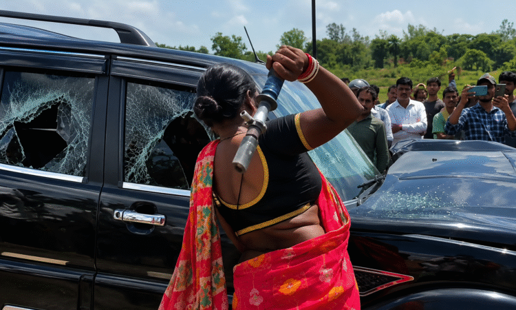 Godda NH-133 road accident protest where an angry woman breaks the Scorpio vehicle's window after the fatal crash in Jharkhand.