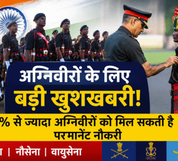अग्निपथ योजना के तहत परेड करते अग्निवीर और अधिकारी के साथ सैन्य निरीक्षण का दृश्य, 25% से अधिक अग्निवीरों को परमानेंट नौकरी मिलने की संभावित खबर।