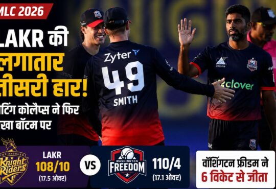 MLC 2026 में LAKR vs Washington Freedom मैच के बाद स्टीव स्मिथ और सौरभ नेत्रवाल्कर की जीत का जश्न, लॉस एंजेलिस नाइट राइडर्स को लगातार तीसरी हार।