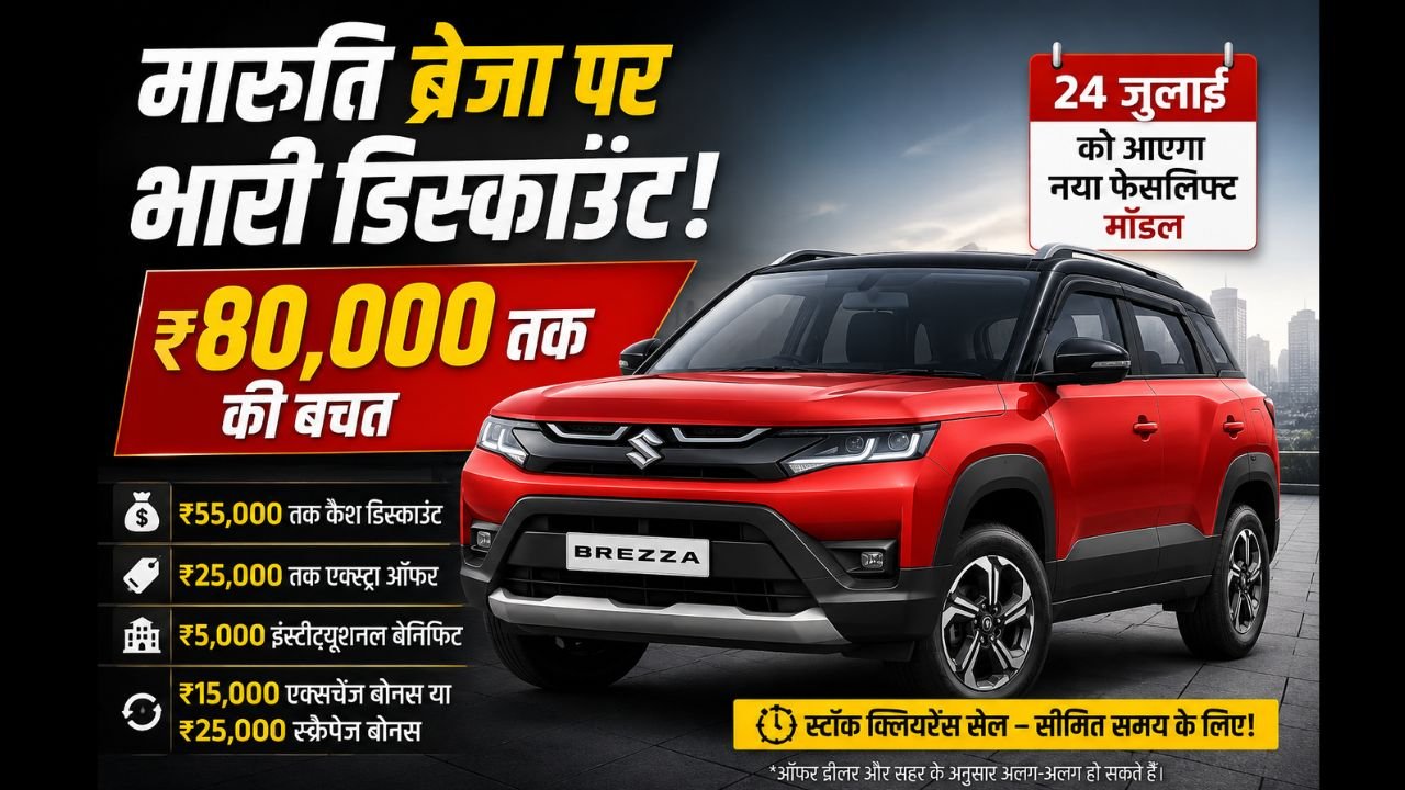 मारुति सुजुकी ब्रेजा पर ₹80,000 तक का डिस्काउंट, लाल रंग की Brezza SUV के साथ स्टॉक क्लियरेंस सेल और 24 जुलाई 2026 को नए फेसलिफ्ट मॉडल लॉन्च होने की जानकारी दिखाता हुआ