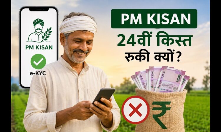 PM Kisan 24वीं किस्त 2026 से जुड़ी जानकारी दर्शाता थंबनेल, जिसमें किसान मोबाइल पर PM Kisan स्टेटस चेक कर रहा है। ₹2,000 की किस्त रुकने के कारण, e-KYC और बैंक सत्यापन का संकेत दिया गया है।