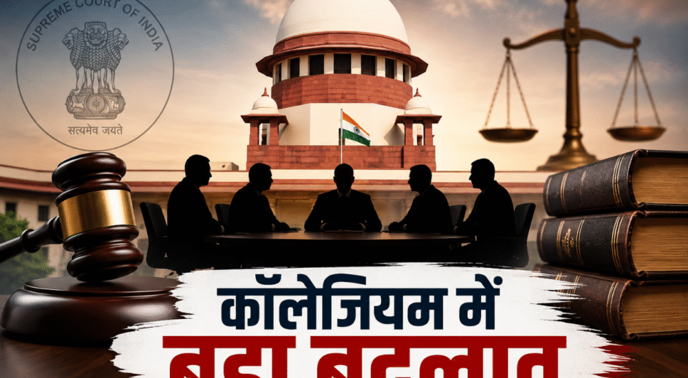 सुप्रीम कोर्ट कॉलेजियम में बदलाव को दर्शाती ग्राफिक, जिसमें सुप्रीम कोर्ट भवन, न्याय का प्रतीक तराजू, गैवल और कॉलेजियम में जस्टिस पीएस नरसिम्हा के नए सदस्य बनने का संकेत दिया गया है।