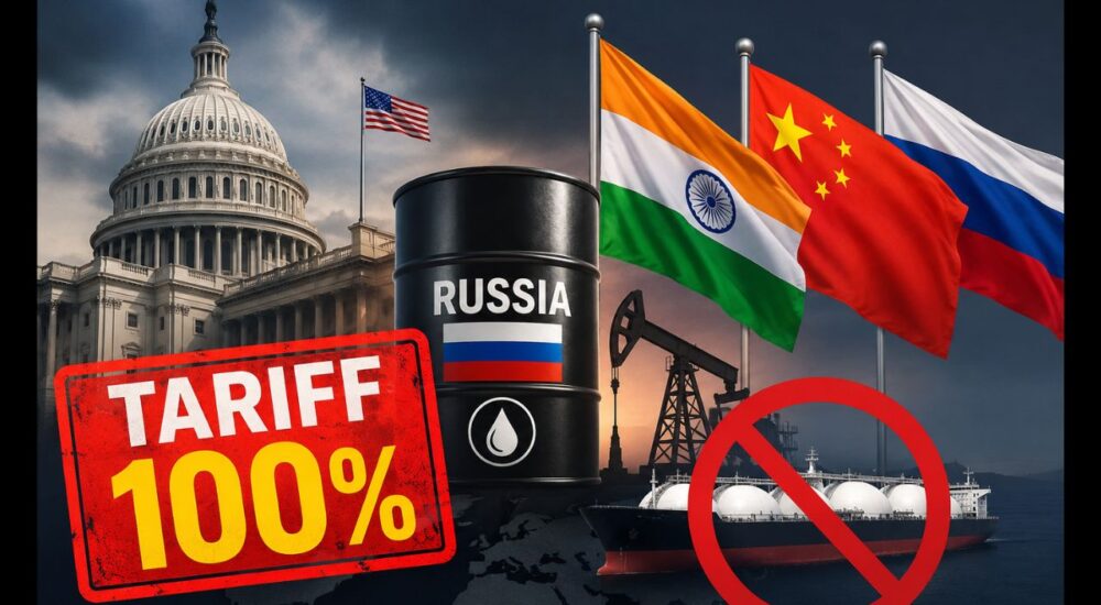 अमेरिकी राष्ट्रपति डोनाल्ड ट्रंप, अमेरिकी संसद (US Capitol), रूस का तेल बैरल, भारत और चीन के झंडे तथा 100% टैरिफ का बड़ा ग्राफिक, जो रूस पर अमेरिकी प्रतिबंध बिल और भारतीय तेल आयात पर संभावित प्रभाव को दर्शाता है।