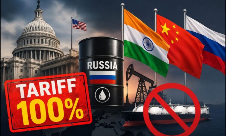 अमेरिकी राष्ट्रपति डोनाल्ड ट्रंप, अमेरिकी संसद (US Capitol), रूस का तेल बैरल, भारत और चीन के झंडे तथा 100% टैरिफ का बड़ा ग्राफिक, जो रूस पर अमेरिकी प्रतिबंध बिल और भारतीय तेल आयात पर संभावित प्रभाव को दर्शाता है।