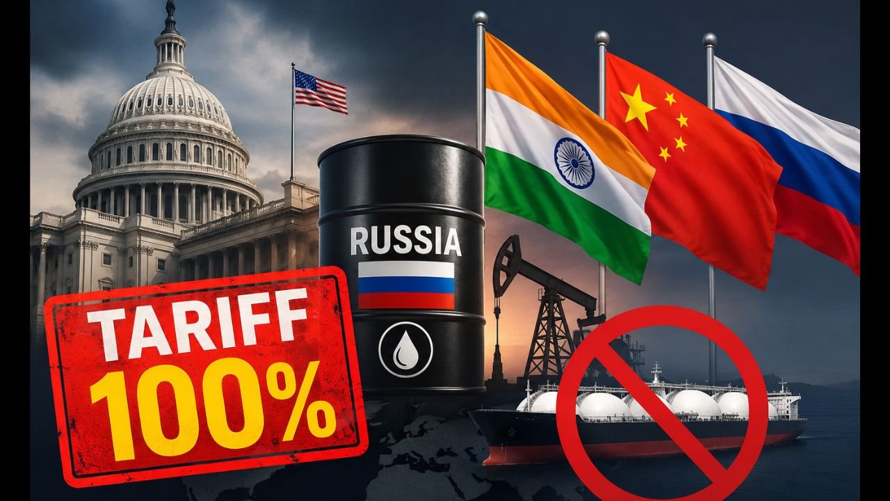 अमेरिकी राष्ट्रपति डोनाल्ड ट्रंप, अमेरिकी संसद (US Capitol), रूस का तेल बैरल, भारत और चीन के झंडे तथा 100% टैरिफ का बड़ा ग्राफिक, जो रूस पर अमेरिकी प्रतिबंध बिल और भारतीय तेल आयात पर संभावित प्रभाव को दर्शाता है।