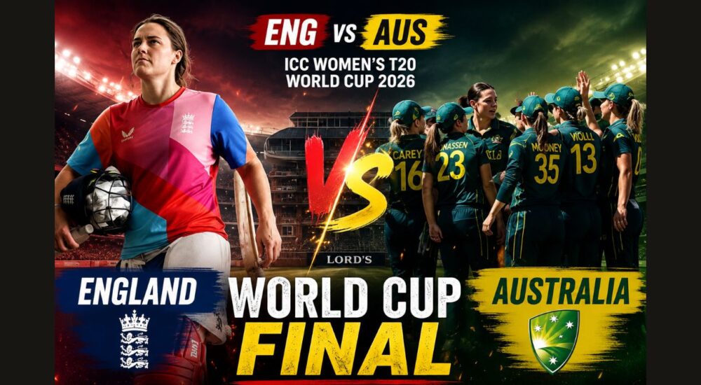 लॉर्ड्स में ICC महिला टी20 विश्व कप 2026 फाइनल से पहले इंग्लैंड और ऑस्ट्रेलिया महिला क्रिकेट टीम की प्रतीकात्मक तस्वीर