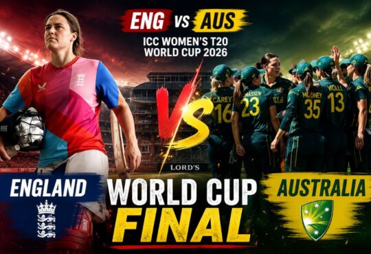 लॉर्ड्स में ICC महिला टी20 विश्व कप 2026 फाइनल से पहले इंग्लैंड और ऑस्ट्रेलिया महिला क्रिकेट टीम की प्रतीकात्मक तस्वीर