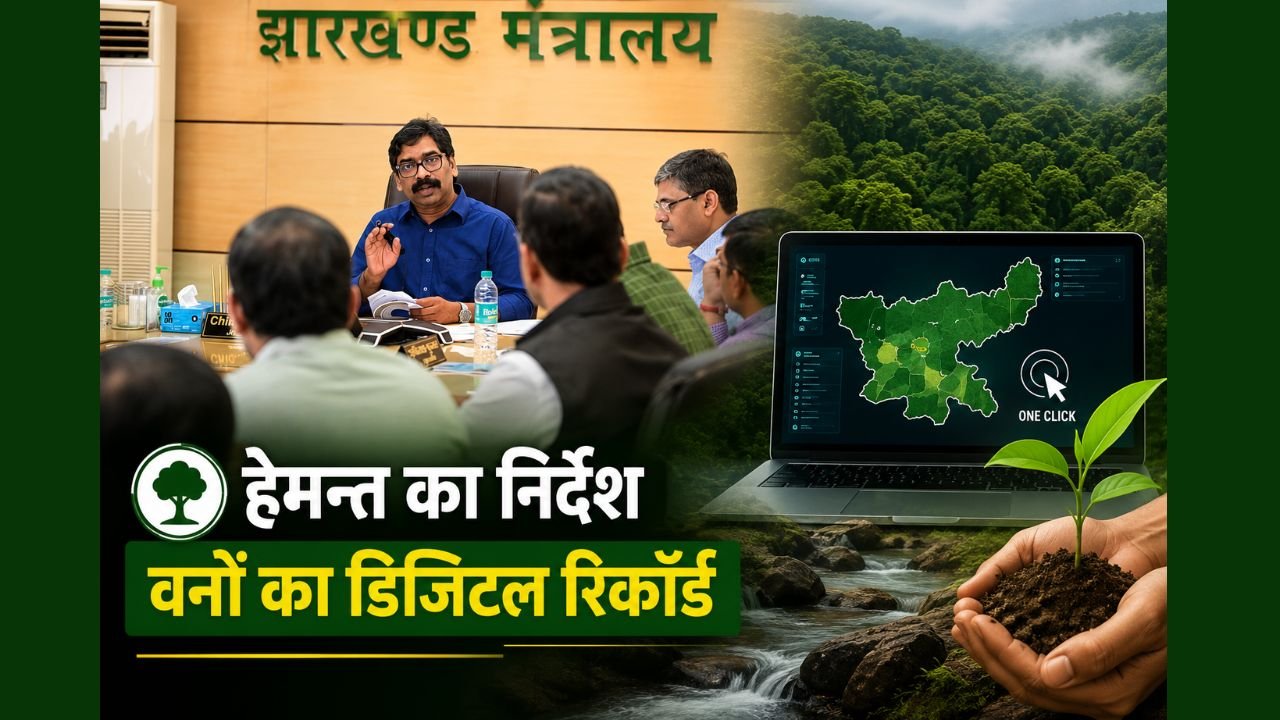 झारखंड मंत्रालय में वन एवं पर्यावरण विभाग की समीक्षा बैठक करते मुख्यमंत्री हेमन्त सोरेन, वन क्षेत्रों के डिजिटल रिकॉर्ड और पौधारोपण अभियान को लेकर अधिकारियों को निर्देश देते हुए।