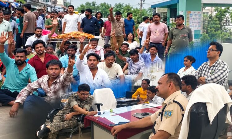 जामताड़ा सदर अस्पताल में तोड़फोड़ के बाद जांच करती पुलिस और अस्पताल परिसर का दृश्य