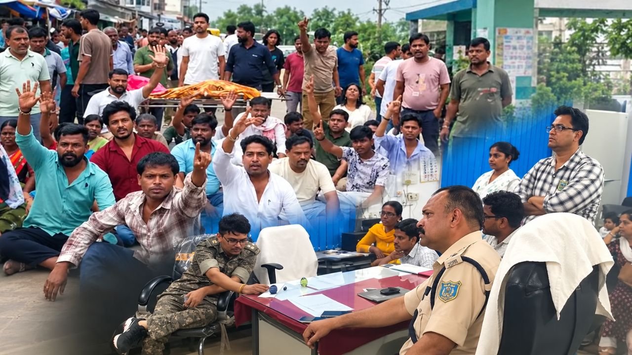 जामताड़ा सदर अस्पताल में तोड़फोड़ के बाद जांच करती पुलिस और अस्पताल परिसर का दृश्य