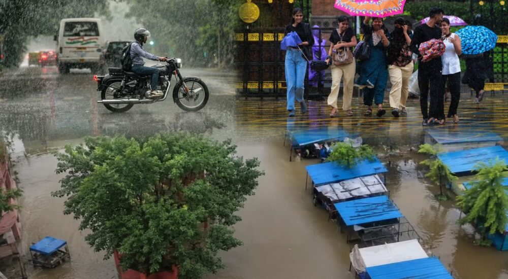 देशभर में भारी मानसून के दौरान तेज बारिश, सड़क पर बाइक सवार, छाता लेकर चलते लोग और बाढ़ से जलमग्न इलाका
