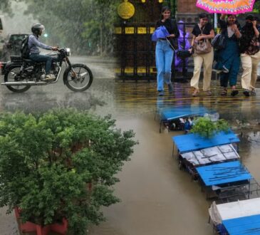 देशभर में भारी मानसून के दौरान तेज बारिश, सड़क पर बाइक सवार, छाता लेकर चलते लोग और बाढ़ से जलमग्न इलाका