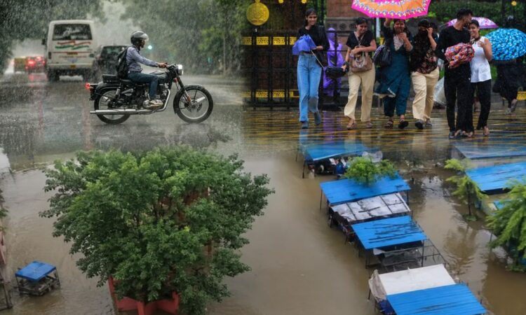 देशभर में भारी मानसून के दौरान तेज बारिश, सड़क पर बाइक सवार, छाता लेकर चलते लोग और बाढ़ से जलमग्न इलाका