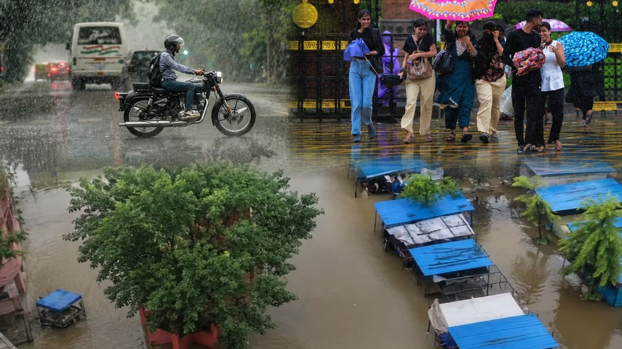 देशभर में भारी मानसून के दौरान तेज बारिश, सड़क पर बाइक सवार, छाता लेकर चलते लोग और बाढ़ से जलमग्न इलाका