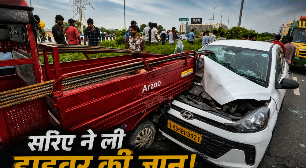 द्वारका एक्सप्रेसवे पर ई-रिक्शा से टकराने के बाद क्षतिग्रस्त कैब, जिसमें लोहे का सरिया घुस गया।