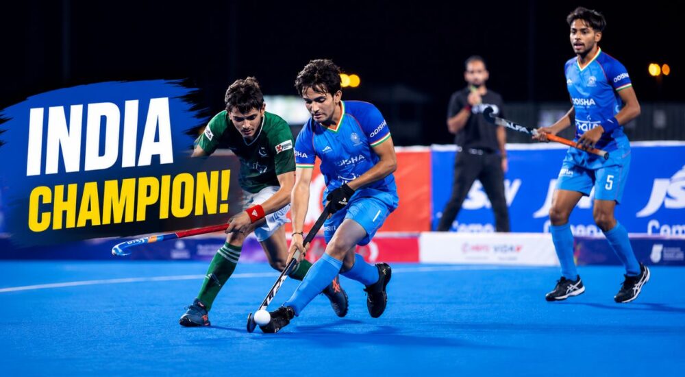 पाकिस्तान को 3-1 से हराकर Youth Hockey5s Asian Championship 2026 का खिताब जीतने के बाद ट्रॉफी के साथ भारतीय सब-जूनियर पुरुष हॉकी5s टीम।