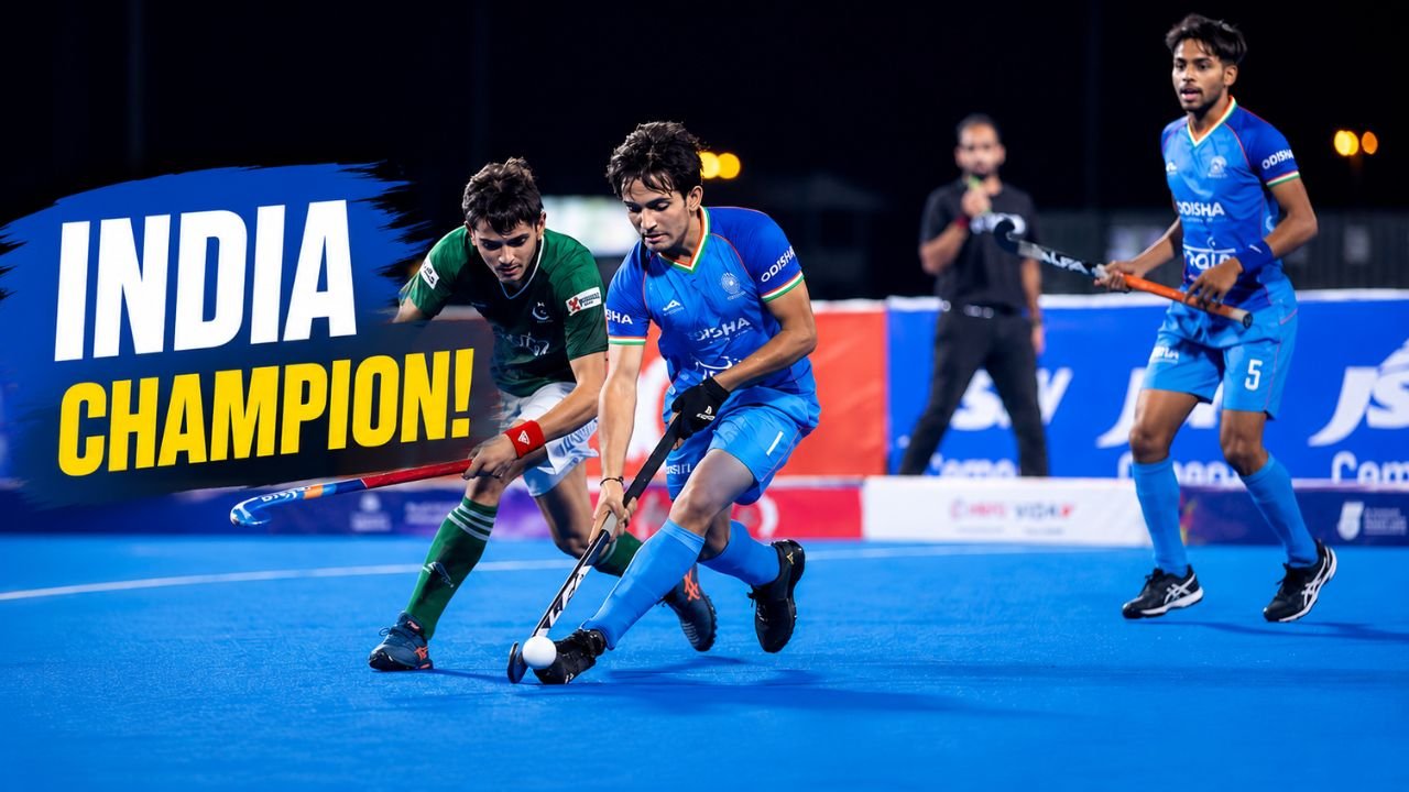 पाकिस्तान को 3-1 से हराकर Youth Hockey5s Asian Championship 2026 का खिताब जीतने के बाद ट्रॉफी के साथ भारतीय सब-जूनियर पुरुष हॉकी5s टीम।