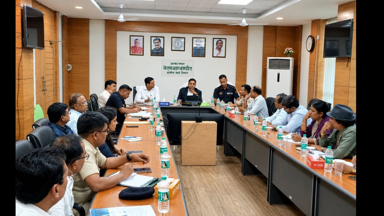 डूरंड कप 2026 की तैयारियों को लेकर रांची में आयोजित उच्चस्तरीय समीक्षा बैठक में विभिन्न विभागों के अधिकारी चर्चा करते हुए।