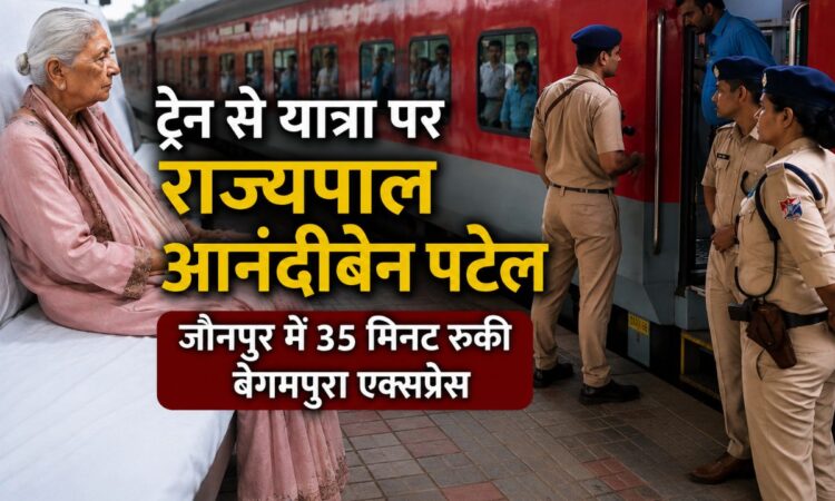 उत्तर प्रदेश की राज्यपाल आनंदीबेन पटेल बेगमपुरा एक्सप्रेस में यात्रा के दौरान, स्टेशन पर सुरक्षा में तैनात आरपीएफ और पुलिस कर्मी।