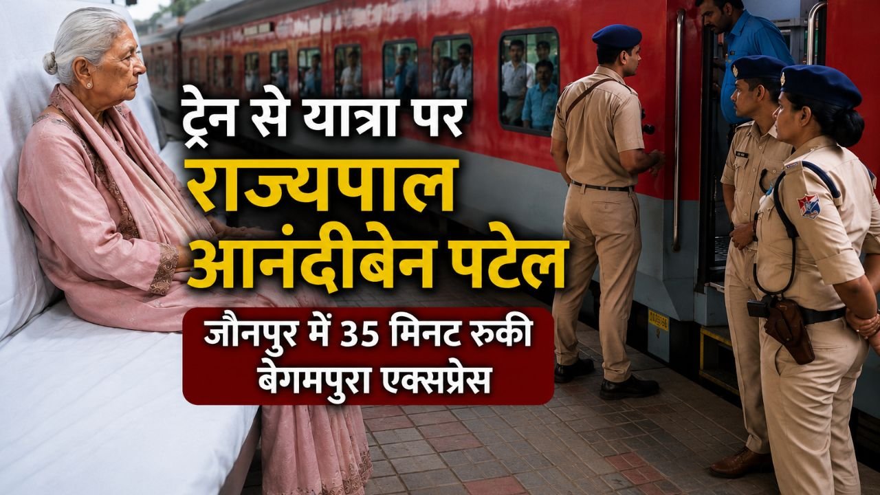 उत्तर प्रदेश की राज्यपाल आनंदीबेन पटेल बेगमपुरा एक्सप्रेस में यात्रा के दौरान, स्टेशन पर सुरक्षा में तैनात आरपीएफ और पुलिस कर्मी।