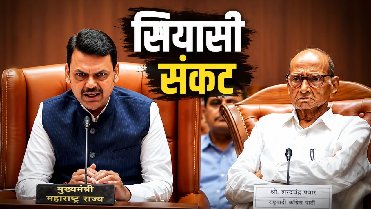 महाराष्ट्र की एक बैठक के दौरान मुख्यमंत्री देवेंद्र फडणवीस और एनसीपी-एसपी प्रमुख शरद पवार की संदर्भ आधारित न्यूज थंबनेल, जिसमें NCP-SP में राजनीतिक संकट और NDA में संभावित टूट की खबर को दर्शाया गया है।