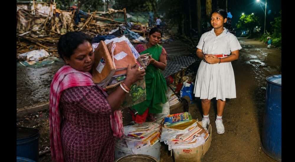 रांची में बुलडोजर कार्रवाई के बाद मलबे के बीच अपनी किताबें संभालती छात्रा लक्ष्मी मुंडा और उसका परिवार।