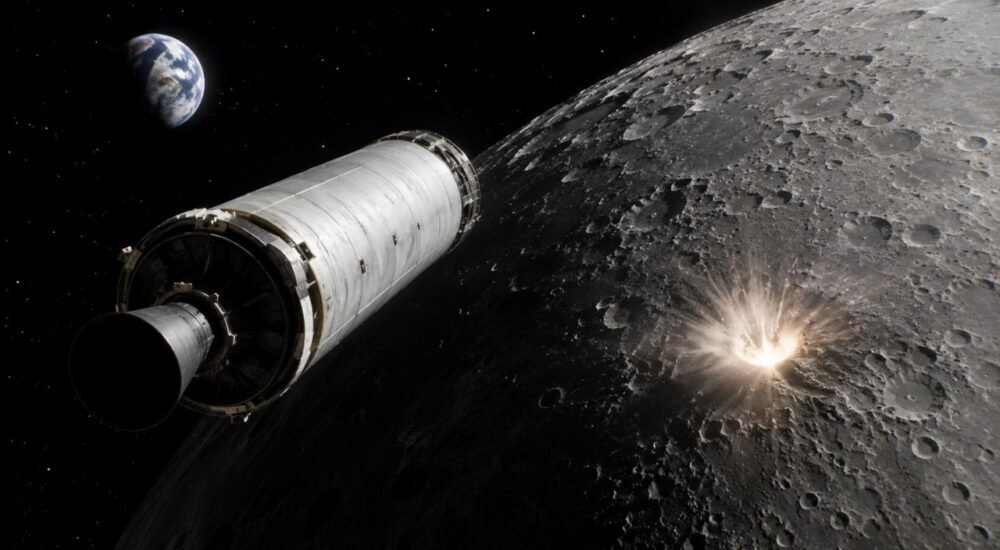 SpaceX Falcon 9 upper stage heading toward the Moon before its planned accidental impact near Einstein Crater in August 2026.
