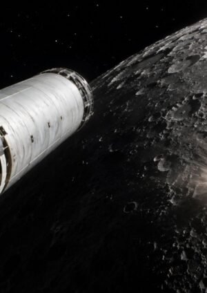 SpaceX Falcon 9 upper stage heading toward the Moon before its planned accidental impact near Einstein Crater in August 2026.