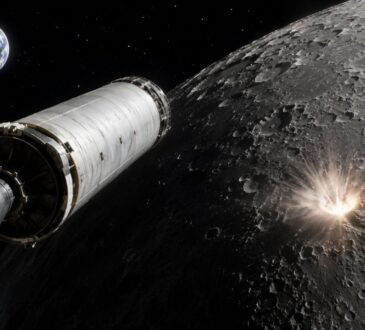 SpaceX Falcon 9 upper stage heading toward the Moon before its planned accidental impact near Einstein Crater in August 2026.