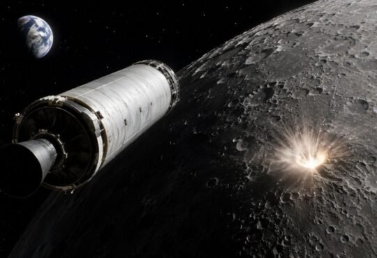 SpaceX Falcon 9 upper stage heading toward the Moon before its planned accidental impact near Einstein Crater in August 2026.