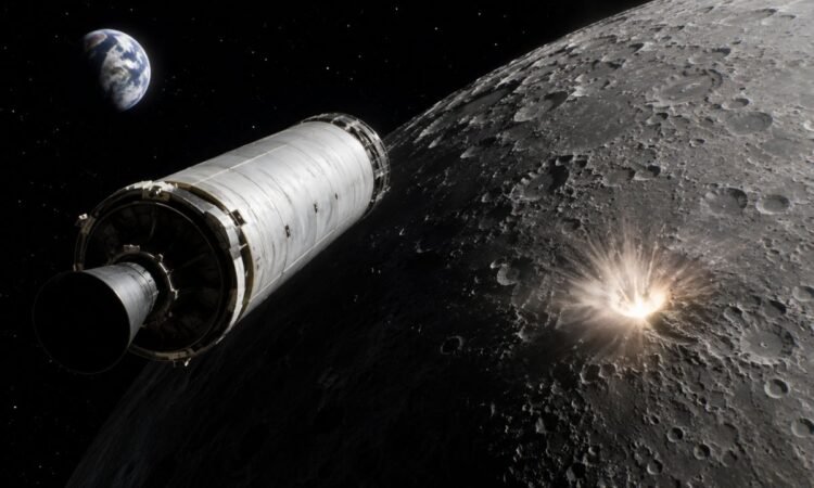 SpaceX Falcon 9 upper stage heading toward the Moon before its planned accidental impact near Einstein Crater in August 2026.