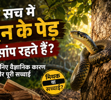 A snake resting near a sandalwood tree in a natural forest, illustrating the scientific facts behind the popular belief.