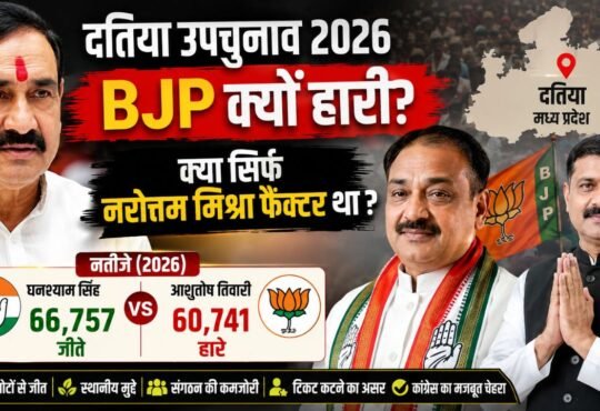 दतिया उपचुनाव 2026 में नामांकन के दौरान कांग्रेस और बीजेपी नेताओं की तस्वीर।