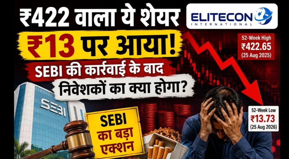 Elitecon International शेयर में भारी गिरावट और SEBI कार्रवाई को दर्शाती न्यूज इमेज