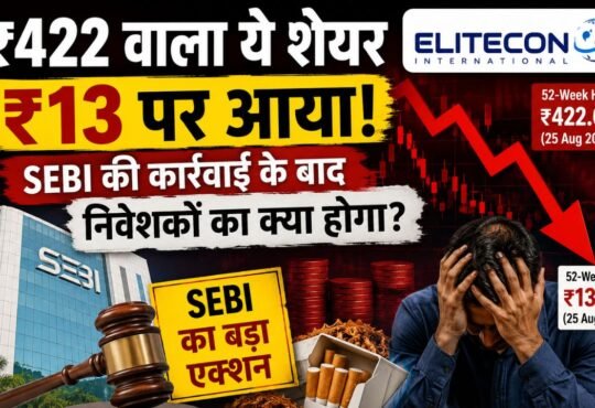 Elitecon International शेयर में भारी गिरावट और SEBI कार्रवाई को दर्शाती न्यूज इमेज
