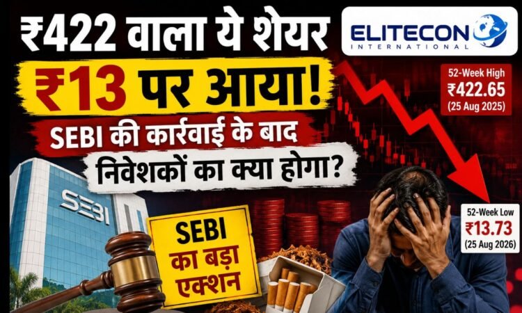 Elitecon International शेयर में भारी गिरावट और SEBI कार्रवाई को दर्शाती न्यूज इमेज