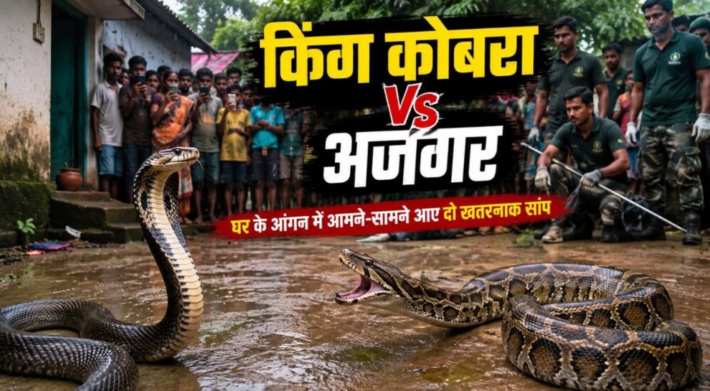 घर के आंगन में आमने-सामने खड़े किंग कोबरा और विशाल अजगर का प्रतीकात्मक दृश्य।