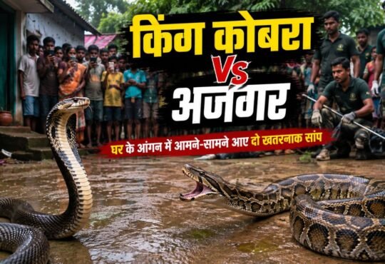 घर के आंगन में आमने-सामने खड़े किंग कोबरा और विशाल अजगर का प्रतीकात्मक दृश्य।