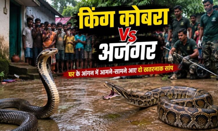 घर के आंगन में आमने-सामने खड़े किंग कोबरा और विशाल अजगर का प्रतीकात्मक दृश्य।